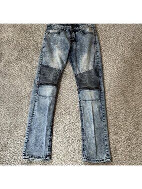 ROK Men's W29 L32 Acid Wash Moto Biker Jeans Slim Fit Stretch Denim Zippers